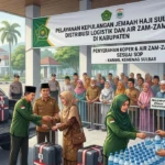 Ilustrasi petugas Kemenhaj Sulbar menyerahkan koper dan air zam-zam secara tertib kepada jemaah haji di area steril kabupaten.