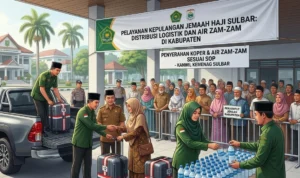 Ilustrasi petugas Kemenhaj Sulbar menyerahkan koper dan air zam-zam secara tertib kepada jemaah haji di area steril kabupaten.
