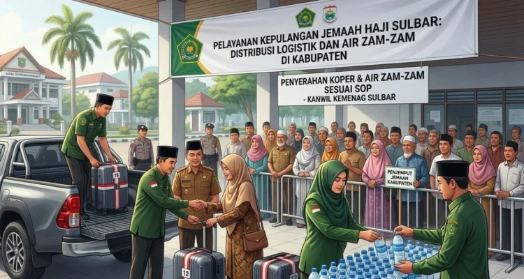 Ilustrasi petugas Kemenhaj Sulbar menyerahkan koper dan air zam-zam secara tertib kepada jemaah haji di area steril kabupaten.