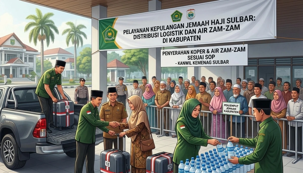 Ilustrasi petugas Kemenhaj Sulbar menyerahkan koper dan air zam-zam secara tertib kepada jemaah haji di area steril kabupaten.